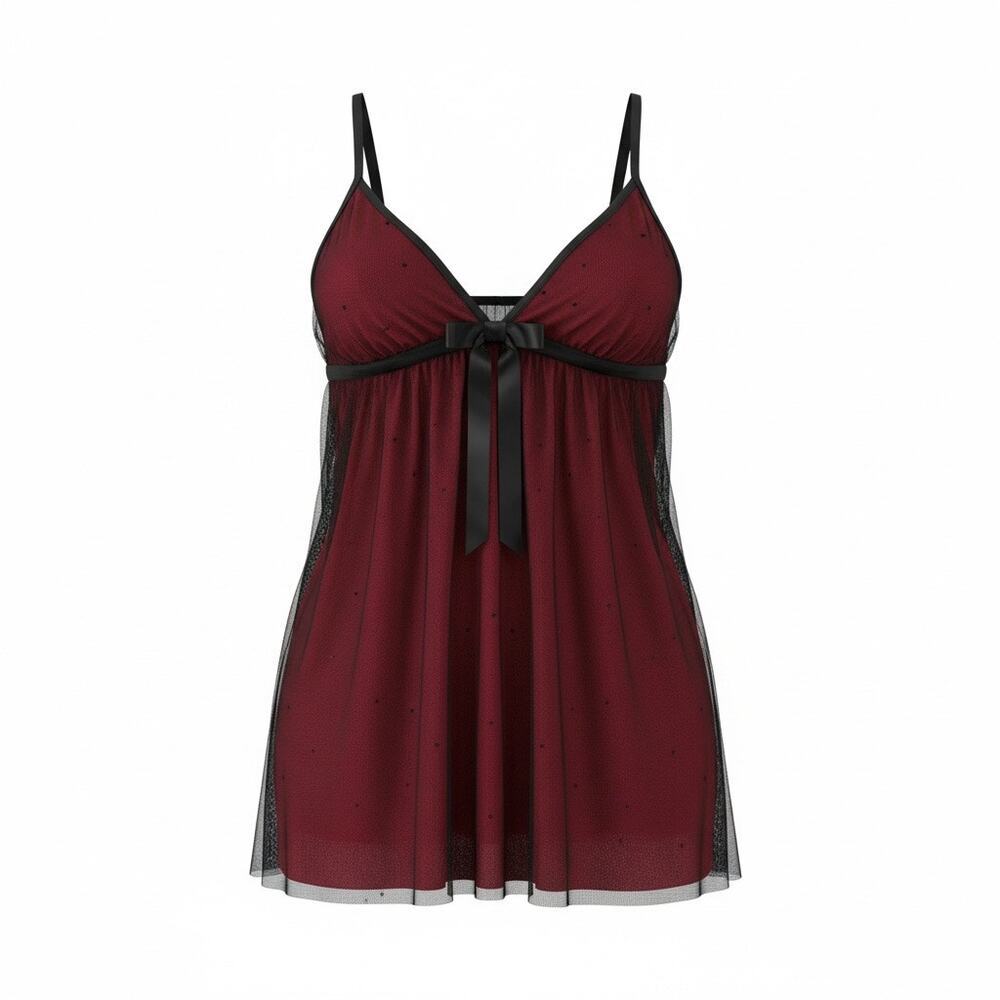VTG Sheer Babydoll Top Burgundy Black Mesh Bow Victoria Secret Small Vixen